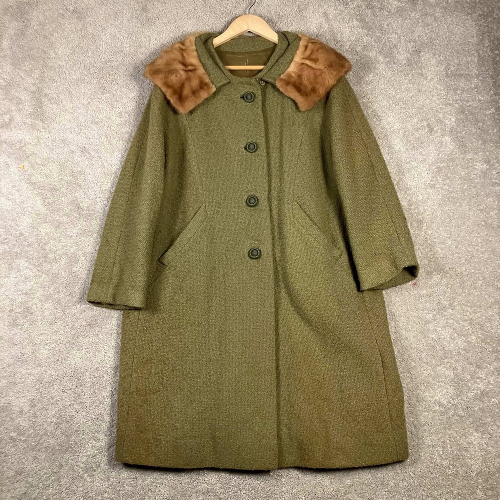 Vintage Wool Overcoat Womens Olive Green Mink Fur Collar Vintage Button Up